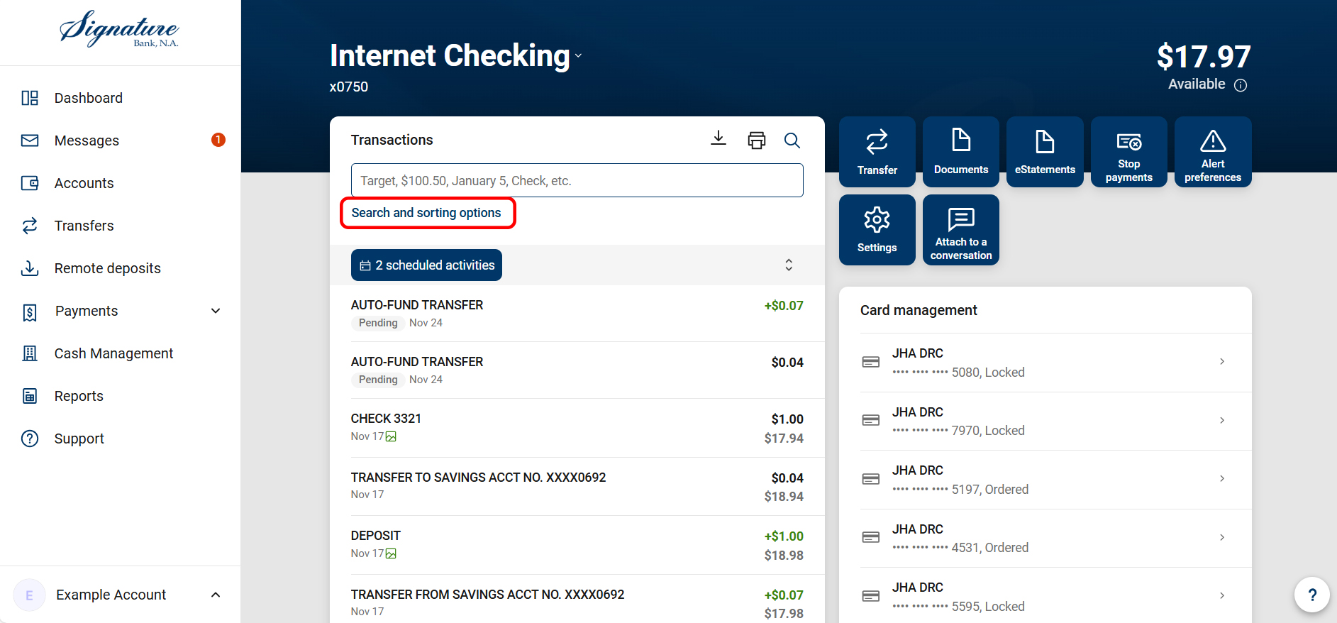 Account detail search-Search and sorting options