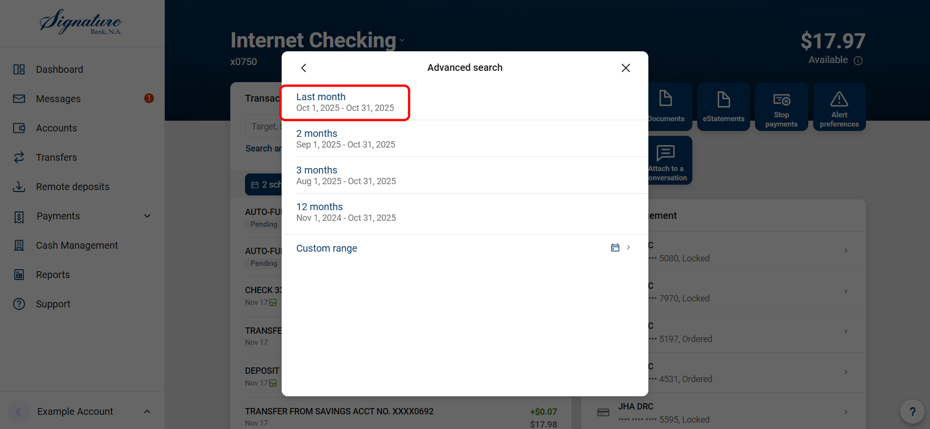 Account detail search-Date Range-Last Month