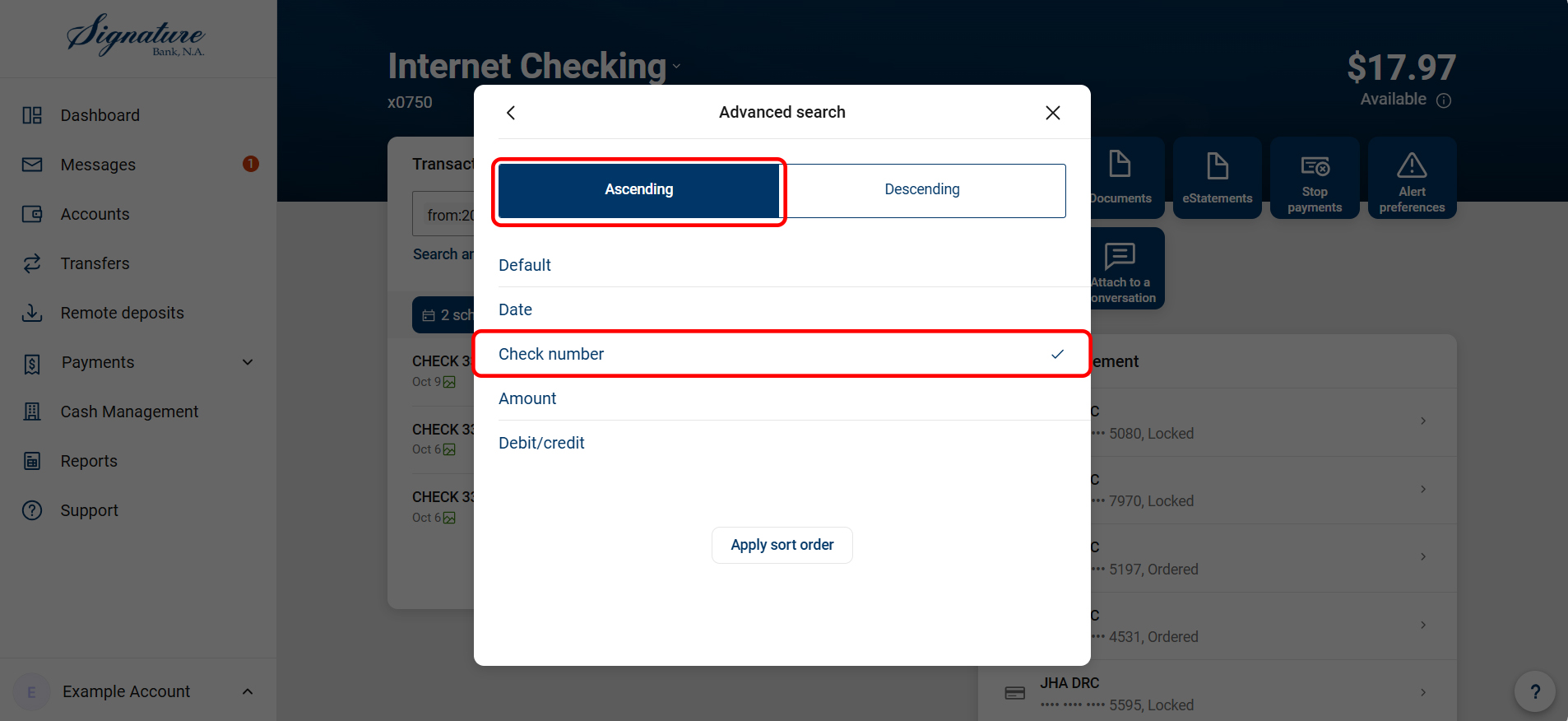 Sort check number ascending