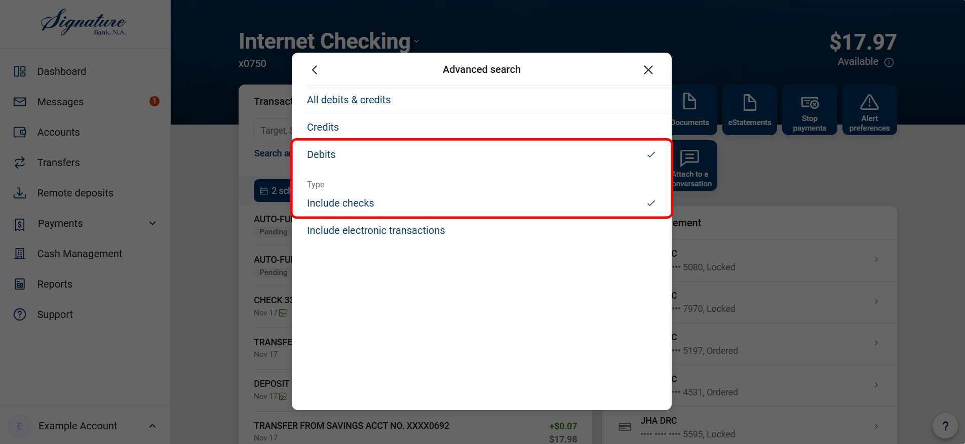 Checks only view-Transaction Type-Debits-Include checks